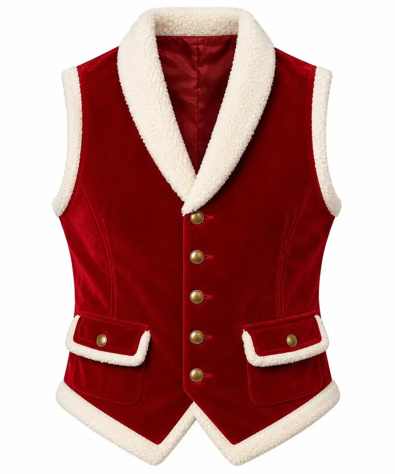 Men’s Christmas Red Velvet Vest with Faux Shearling Trim & Gold Buttons  Holiday Santa Velvet Waistcoat – Plush Faux Fur Trimmed Festive Vest  Festive Red Velvet Christmas Vest with White Fleece Trim & Brass Buttons