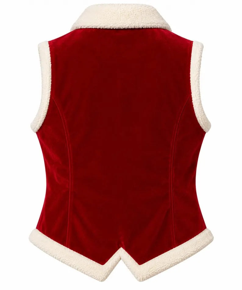 Men’s Christmas Red Velvet Vest with Faux Shearling Trim & Gold Buttons  Holiday Santa Velvet Waistcoat – Plush Faux Fur Trimmed Festive Vest  Festive Red Velvet Christmas Vest with White Fleece Trim & Brass Buttons