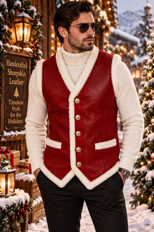Men's Handcrafted Red Sheepskin Shearling Leather Vest – Christmas Holiday Edition