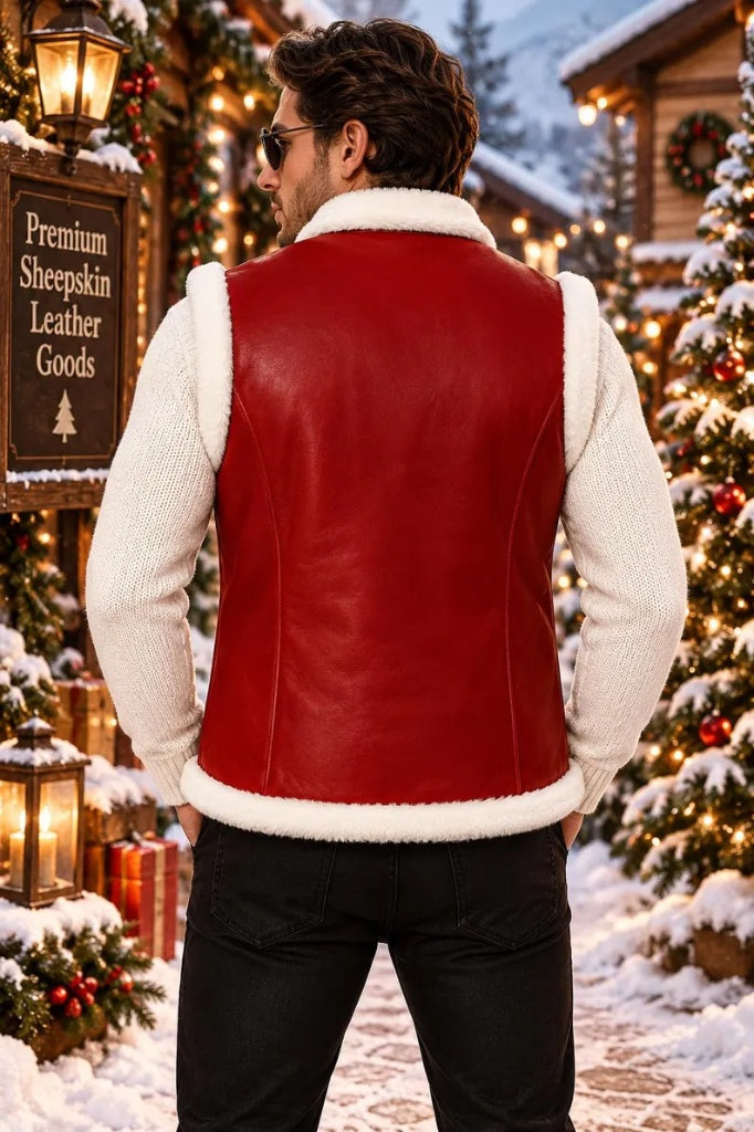 Men's Handcrafted Red Sheepskin Shearling Leather Vest – Christmas Holiday Edition