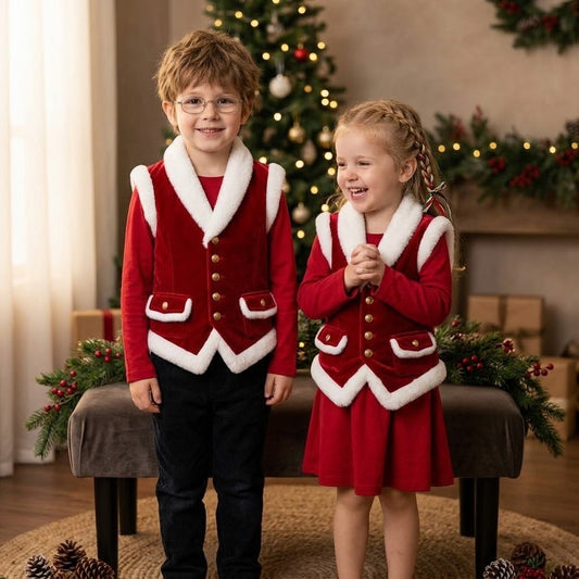 Kids Festive Velvet Santa Vest Outfit – Matching Holiday Outfits for Boys & Girls  Children’s Christmas Faux-Fur Trimmed Velvet Vest & Dress Holiday Collection  Cozy Holiday Velvet Vest & Outfit Set for Boys and Girls – Festive Family Photo Outfits
