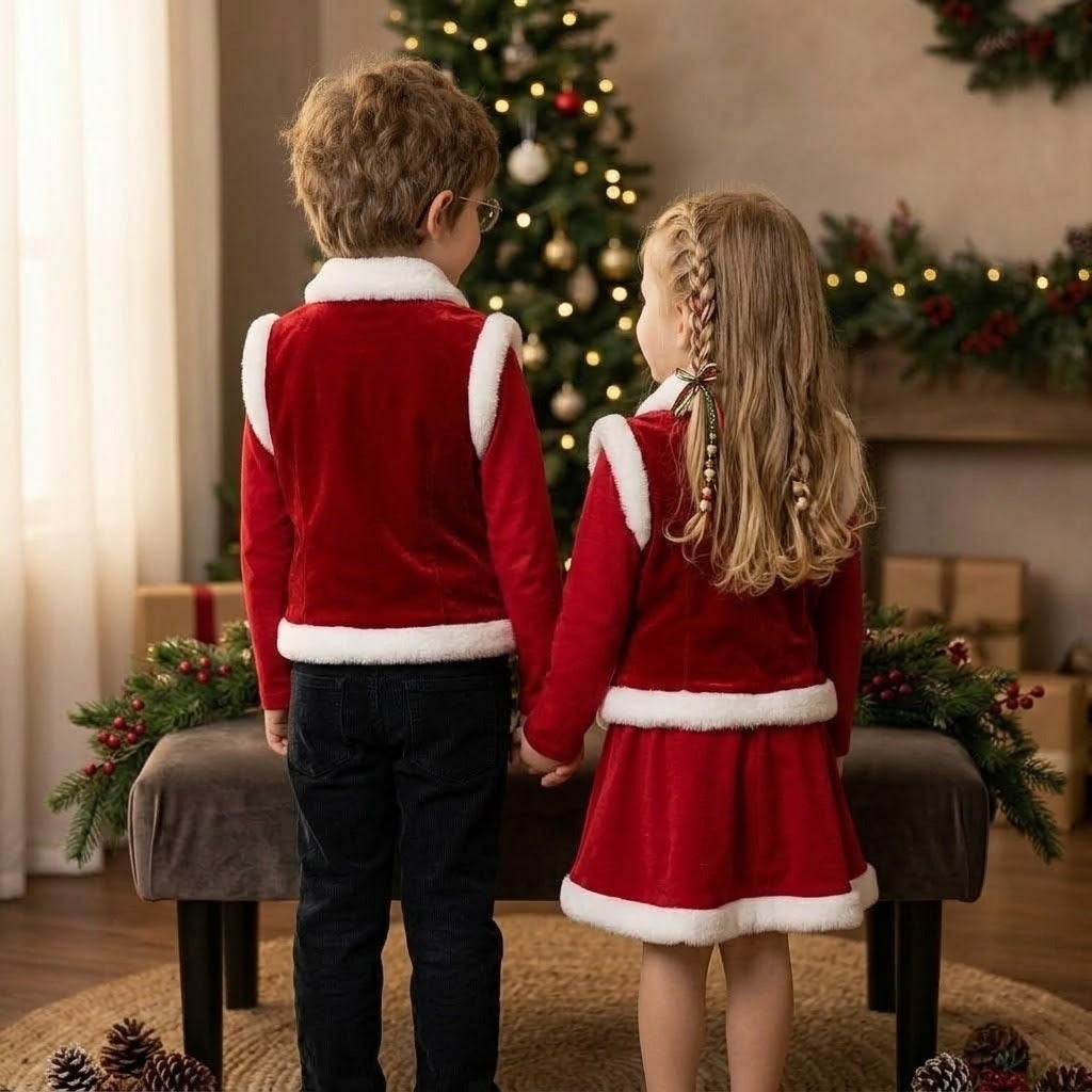 Kids Festive Velvet Santa Vest Outfit – Matching Holiday Outfits for Boys & Girls  Children’s Christmas Faux-Fur Trimmed Velvet Vest & Dress Holiday Collection  Cozy Holiday Velvet Vest & Outfit Set for Boys and Girls – Festive Family Photo Outfits