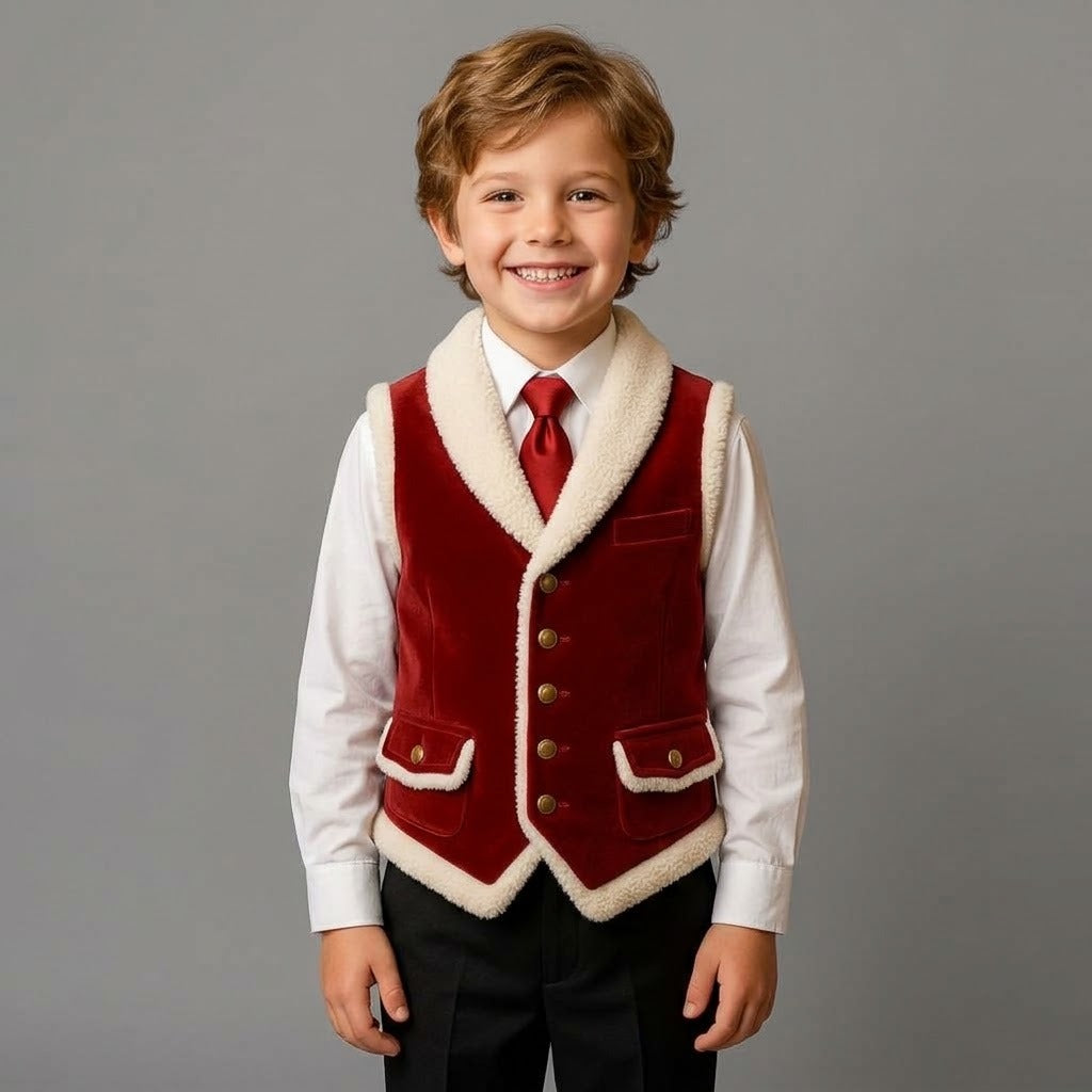 Boys' Velvet Sherpa-Trimmed Christmas Vest | Festive Holiday Formal Waistcoat  Classic Burgundy Velvet Boys' Vest with Fleece Collar & Brass Buttons | Holiday Outfit  Boys' Vintage-Inspired Red Velvet Shearlıng-Style Vest | Festive Formal Suit Waistcoat