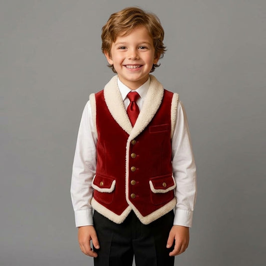 Boys' Velvet Sherpa-Trimmed Christmas Vest | Festive Holiday Formal Waistcoat  Classic Burgundy Velvet Boys' Vest with Fleece Collar & Brass Buttons | Holiday Outfit  Boys' Vintage-Inspired Red Velvet Shearlıng-Style Vest | Festive Formal Suit Waistcoat