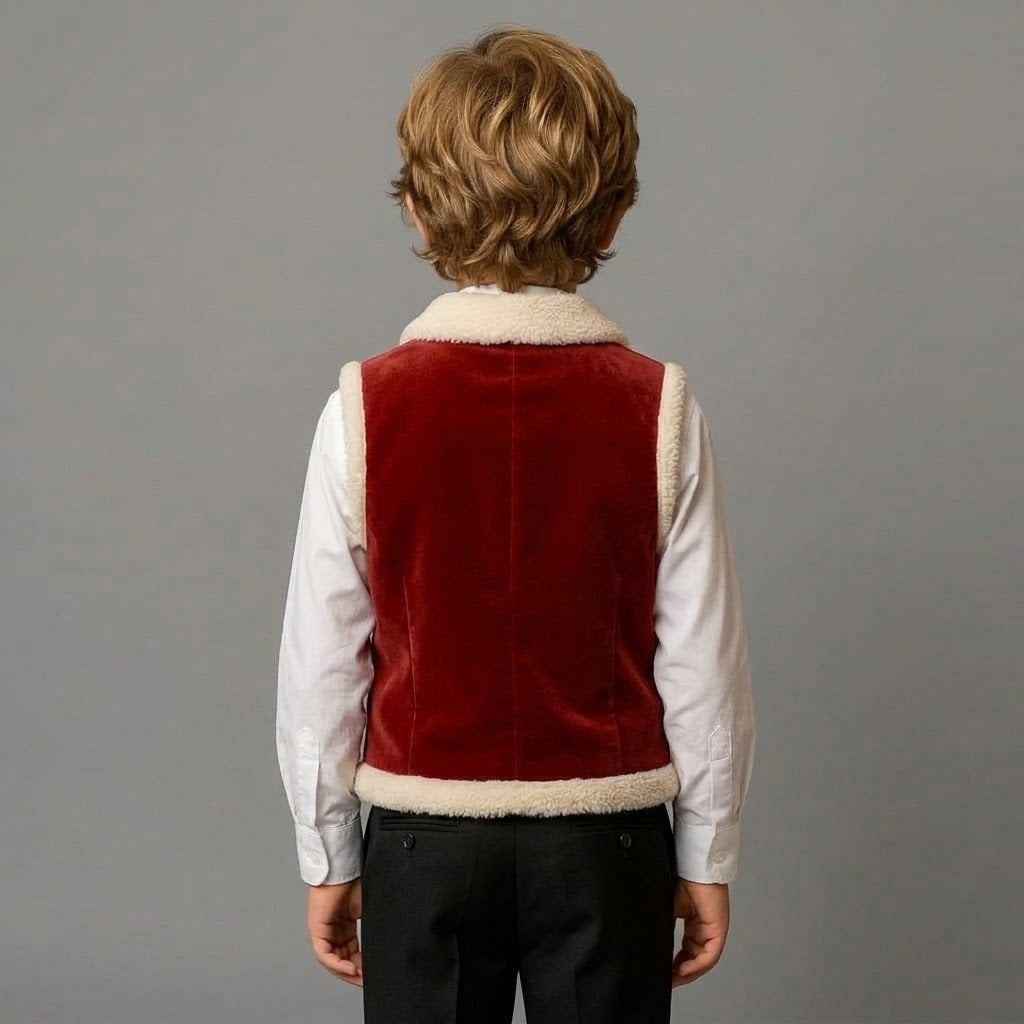 Boys' Velvet Sherpa-Trimmed Christmas Vest | Festive Holiday Formal Waistcoat  Classic Burgundy Velvet Boys' Vest with Fleece Collar & Brass Buttons | Holiday Outfit  Boys' Vintage-Inspired Red Velvet Shearlıng-Style Vest | Festive Formal Suit Waistcoat