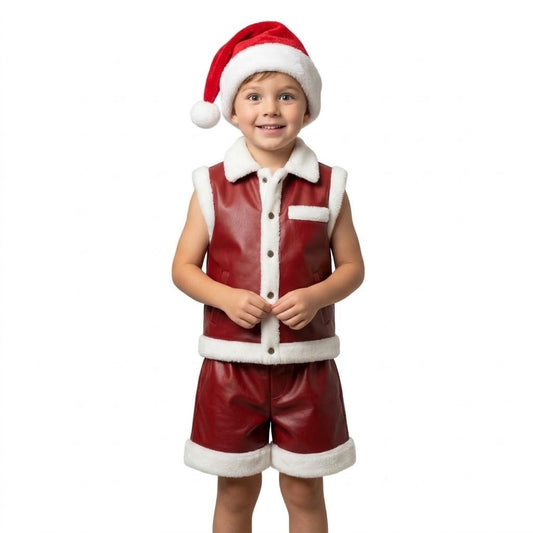 Kids' Christmas Santa Leather Vest & Shorts Outfit Set with Santa Hat