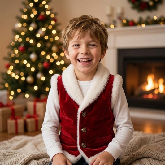 Boys’ Festive Red Velvet Christmas Vest with Faux Fur Trim – Cozy Holiday Santa Waistcoat