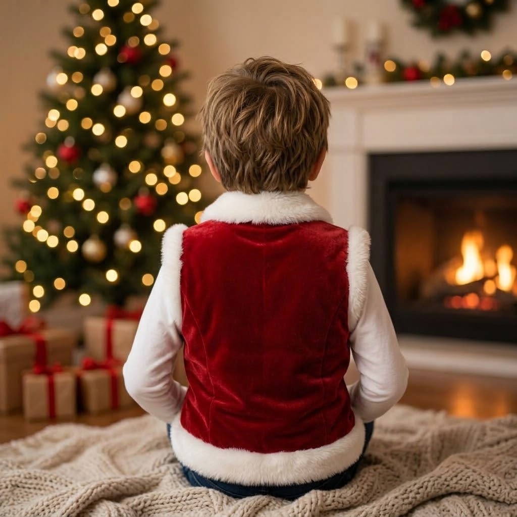 Boys’ Festive Red Velvet Christmas Vest with Faux Fur Trim – Cozy Holiday Santa Waistcoat