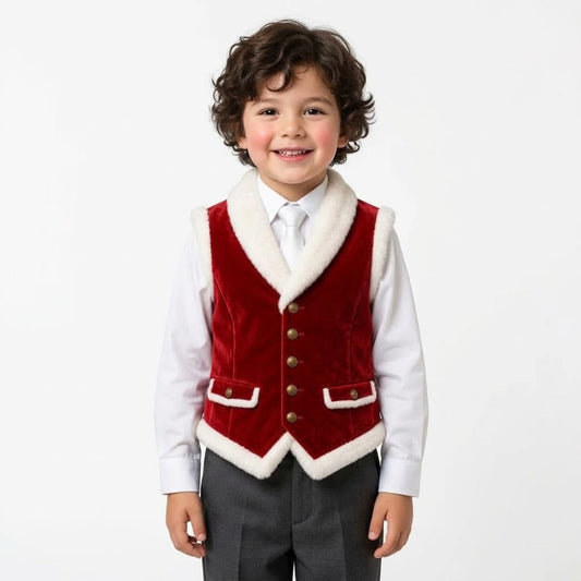 Boys' Red Velvet Holiday Vest Outfit – Plush Fur-Trimmed Waistcoat with White Dress Shirt, Matching Tie, and Charcoal Trousers