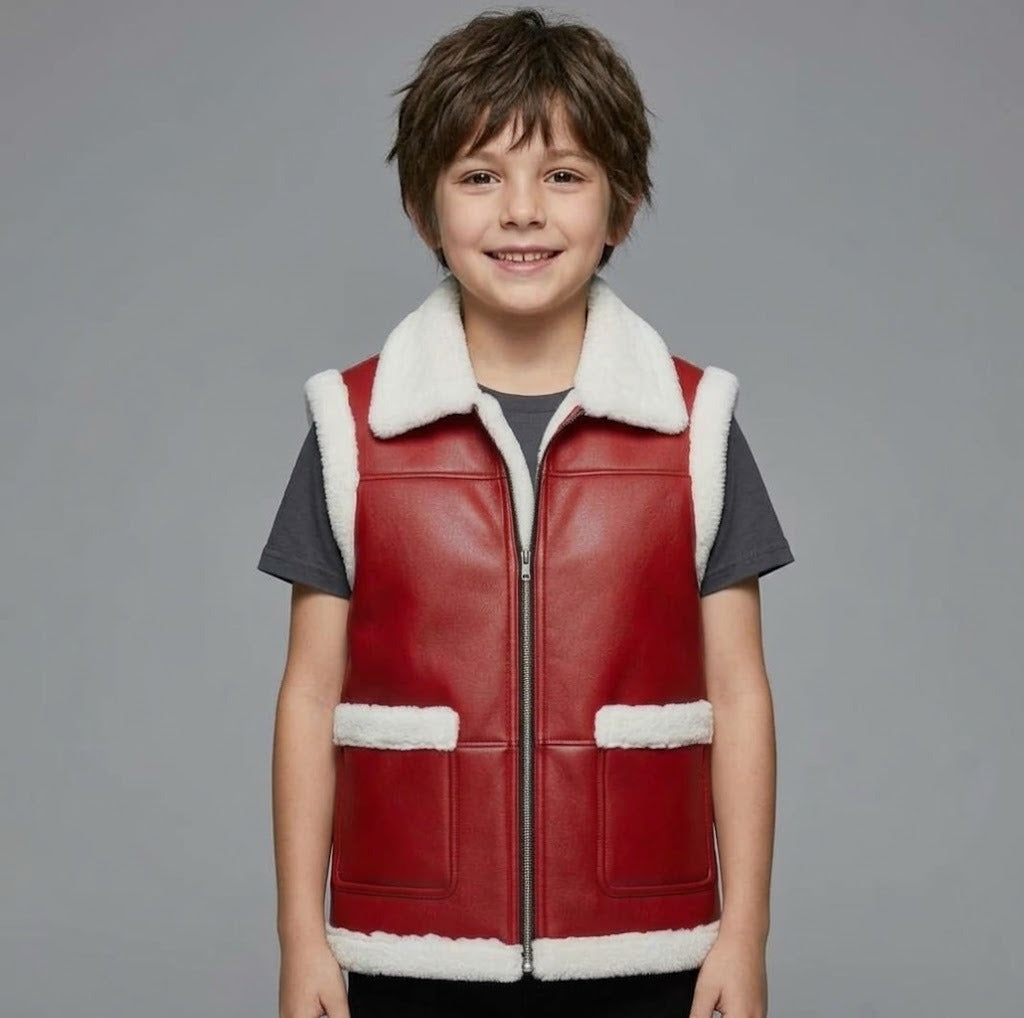 Boys' Red Faux Leather Shearling Vest – Kids' Winter Sleeveless Jacket with Faux Fur Trim
