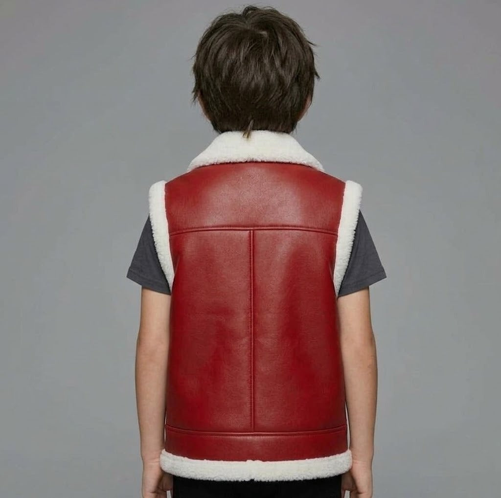Boys' Red Faux Leather Shearling Vest – Kids' Winter Sleeveless Jacket with Faux Fur Trim