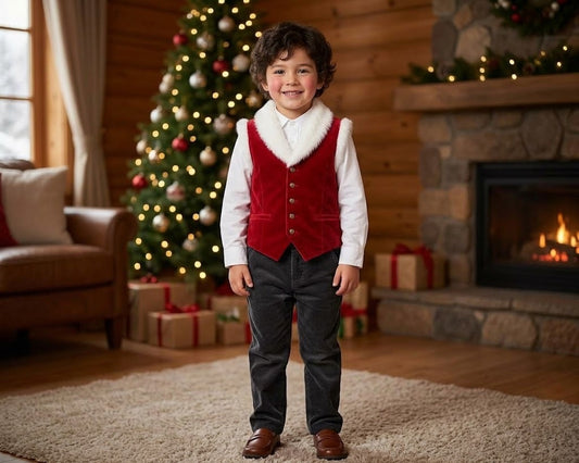 Boys' Holiday Faux Fur Trimmed Velvet Vest & Corduroy Trousers Set
