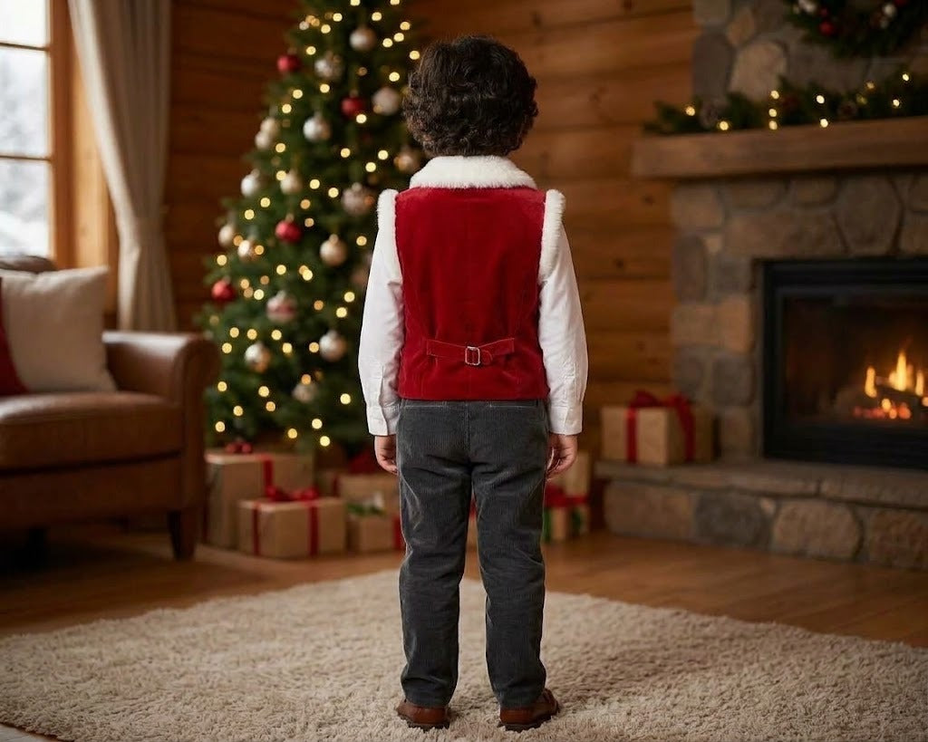 Boys' Holiday Faux Fur Trimmed Velvet Vest & Corduroy Trousers Set
