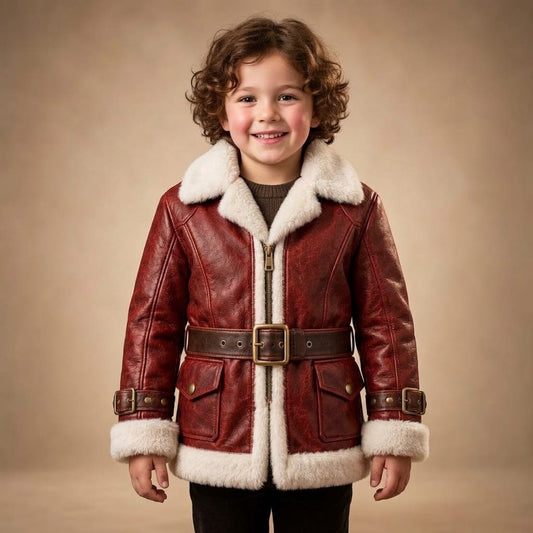 Kids’ Vintage Red Shearling Bomber Leather Jacket – Belted Aviator Coat with Faux Fur Lining