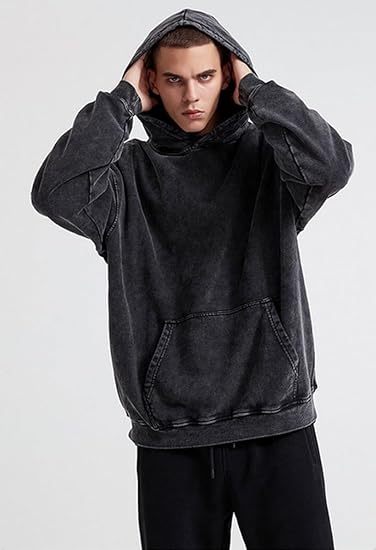 Mens Oversized Hoodies Vintage Acid Wash Pull Up Black Hoodies Heavy Cotton Vintage Aged Sweatshirt Casual