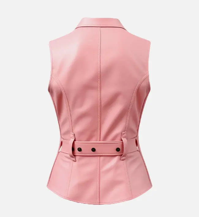 Women's Pink Faux Leather Zip-Up Vest with Back Belt and Button Details