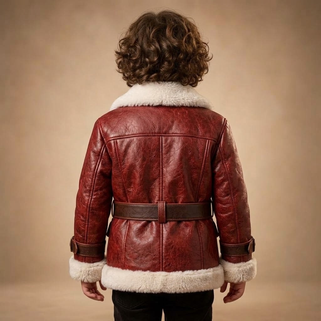 Kids’ Vintage Red Shearling Bomber Leather Jacket – Belted Aviator Coat with Faux Fur Lining