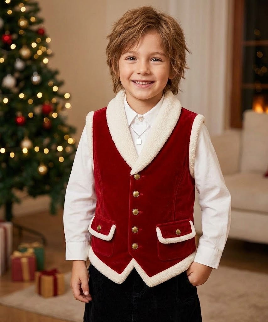 Boys’ Christmas Velvet Vest with Faux-Fleece Trim – Festive Holiday Waistcoat with Brass-Tone Buttons