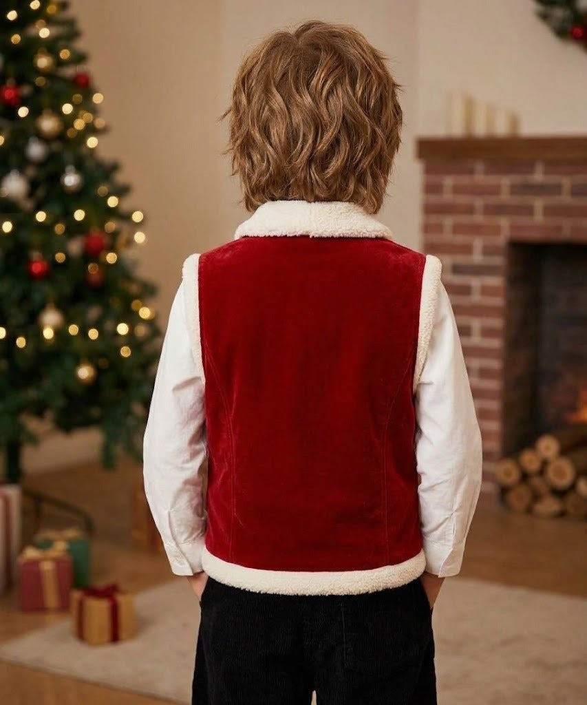Boys’ Christmas Velvet Vest with Faux-Fleece Trim – Festive Holiday Waistcoat with Brass-Tone Buttons