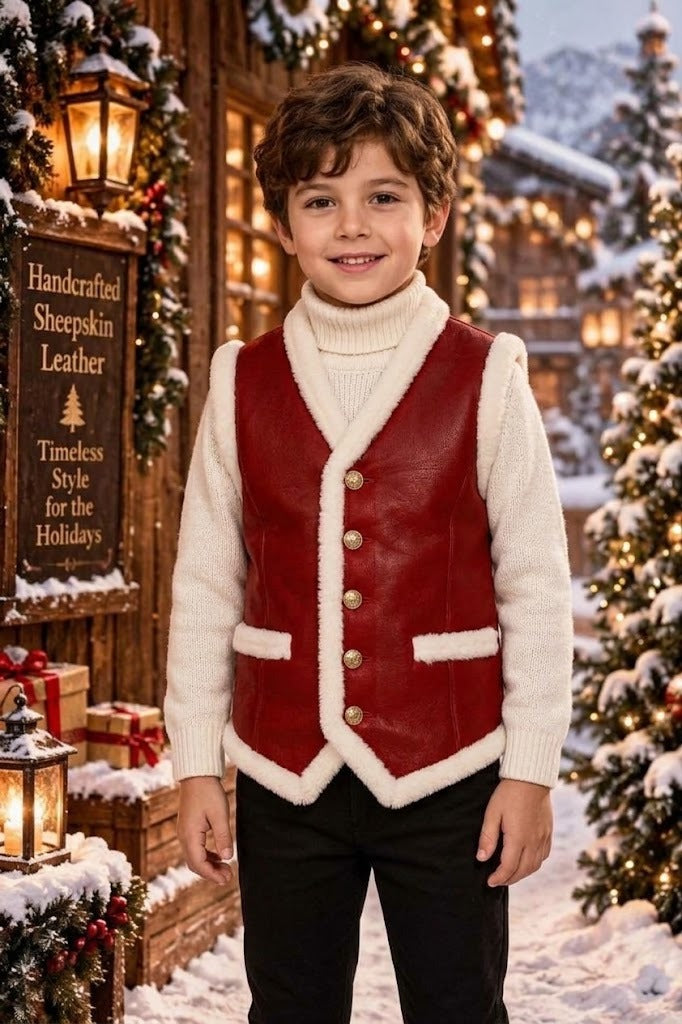 Kids' Handcrafted Sheepskin Leather Vest – Festive Red Shearling-Trimmed Holiday Waistcoat
