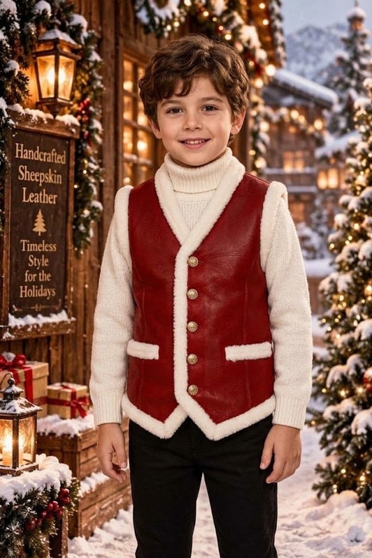 Kids' Handcrafted Sheepskin Leather Vest – Festive Red Shearling-Trimmed Holiday Waistcoat