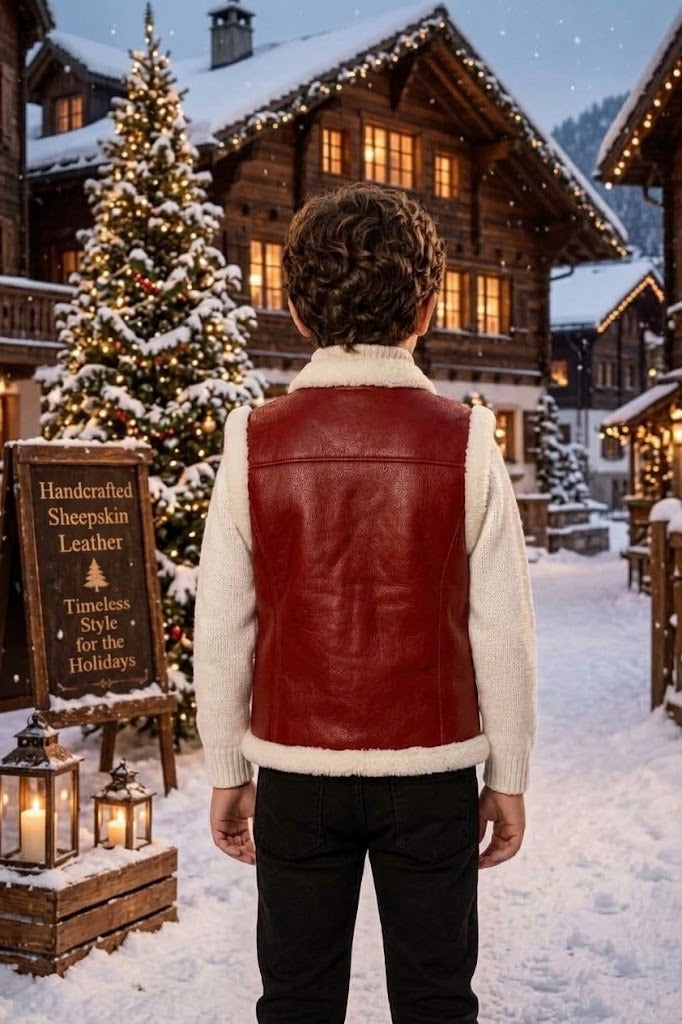 Kids' Handcrafted Sheepskin Leather Vest – Festive Red Shearling-Trimmed Holiday Waistcoat