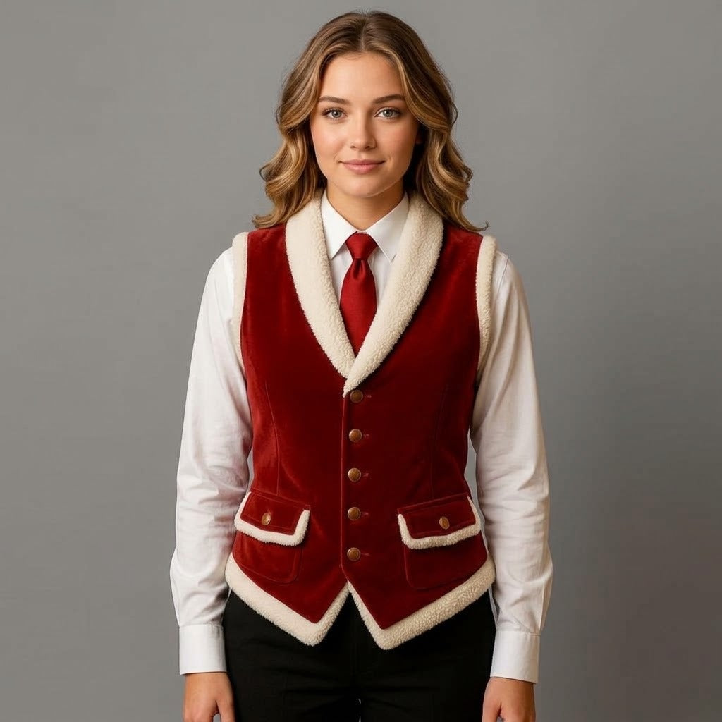 Women's Red Velvet Fleece-Lined Waistcoat Vest with Shearling Trim