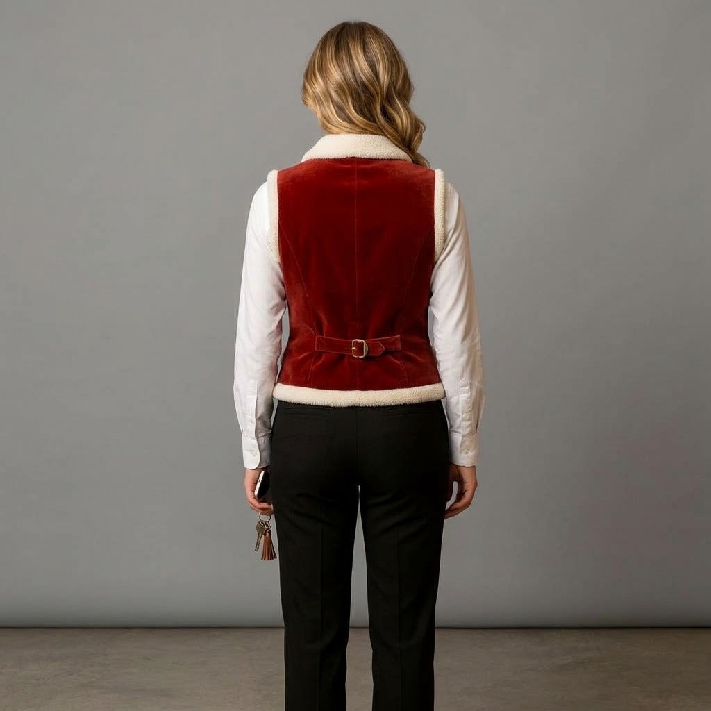 Women's Red Velvet Fleece-Lined Waistcoat Vest with Shearling Trim