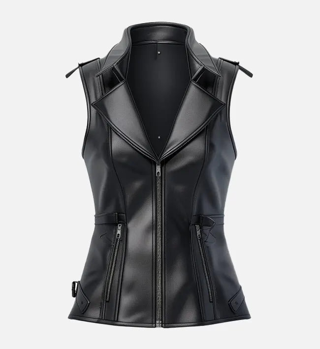 Women's Faux Leather Moto Vest with Lapel Collar