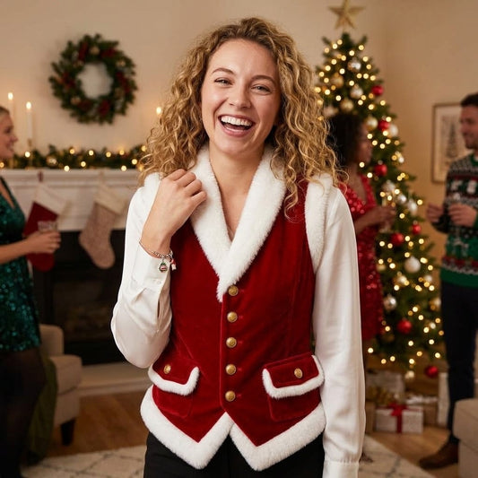 Women's Festive Red Velvet Santa Vest with Faux Fur Trim