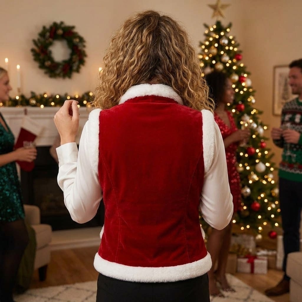 Women's Festive Red Velvet Santa Vest with Faux Fur Trim