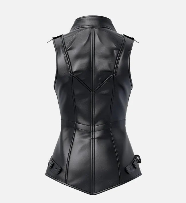Women's Faux Leather Moto Vest with Lapel Collar