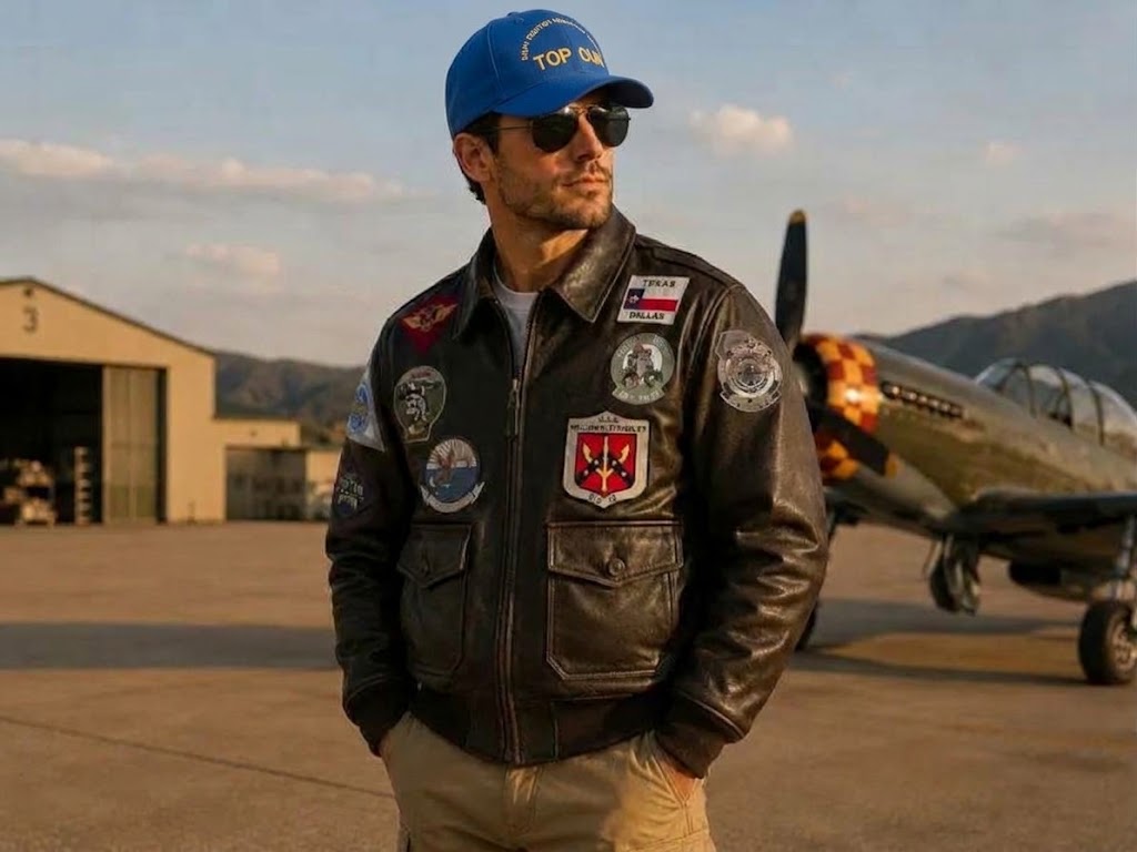 Men's Vintage Aviator Leather Bomber Jacket with Military Patches and US Flag Back CAP FREE