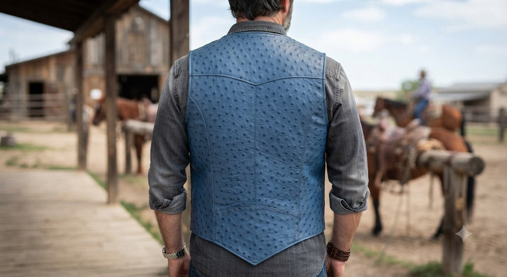 Men's Premium Blue Ostrich Leather Western Vest with American Flag Patch