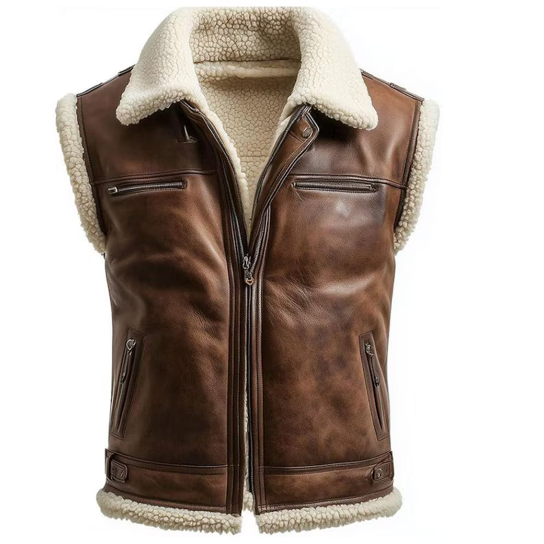 Men's Vintage Distressed Brown Leather Shearling Vest – Western Winter Fur-Lined Outerwear