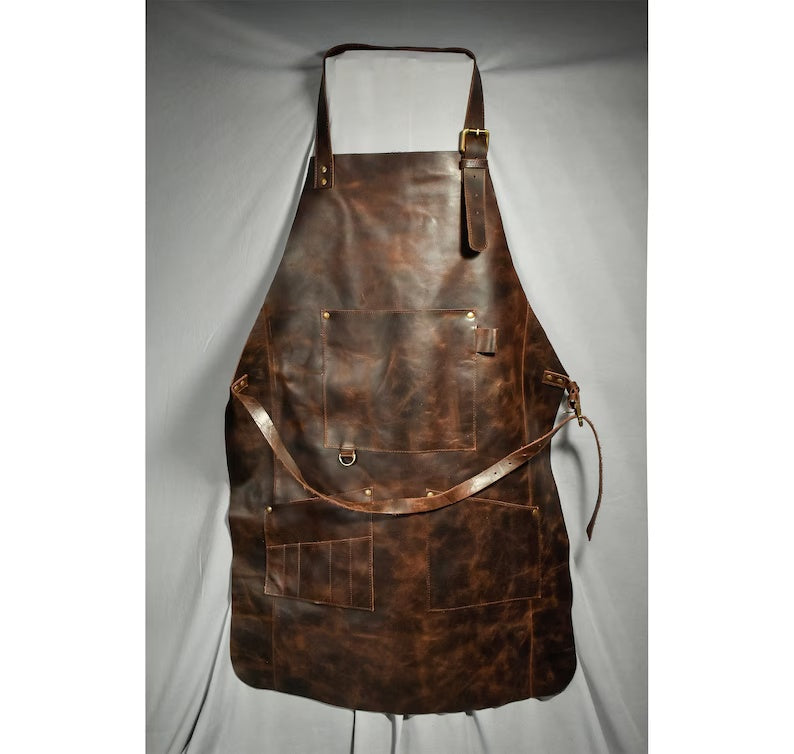 Handcrafted Full-Grain Leather Workshop Apron with Adjustable Straps and Multi-Pocket Utility