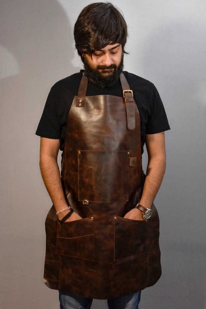 Handcrafted Full-Grain Leather Workshop Apron with Adjustable Straps and Multi-Pocket Utility
