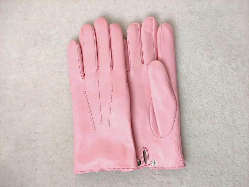 Women's Elegant Pink Leather Dress Gloves with Snap Closure