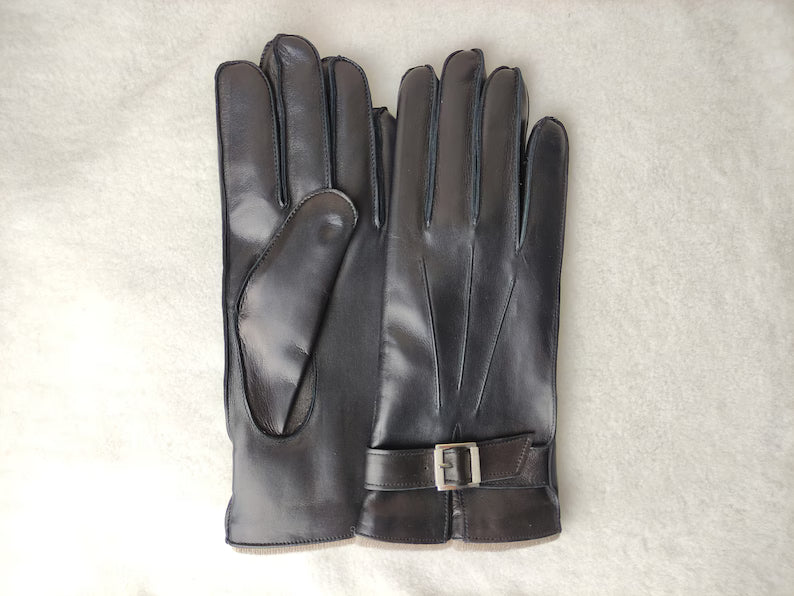 Classic Men's Black Leather Gloves with Strap and Buckle Detail