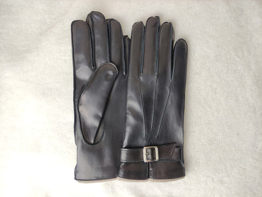 Classic Men's Black Leather Gloves with Strap and Buckle Detail