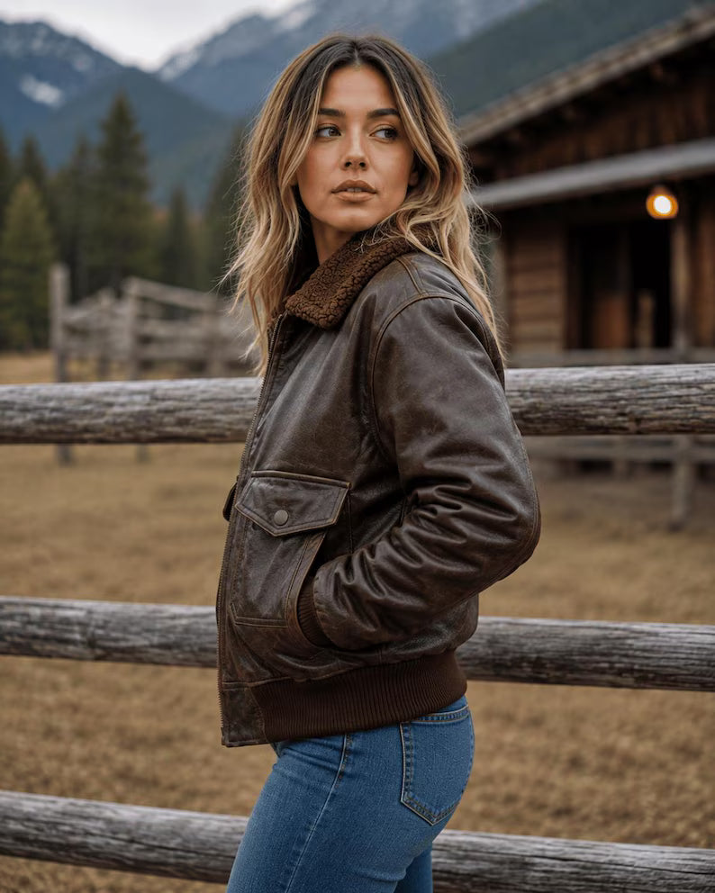 Women's Vintage Distressed Brown Leather Bomber Jacket with Faux Shearling Collar