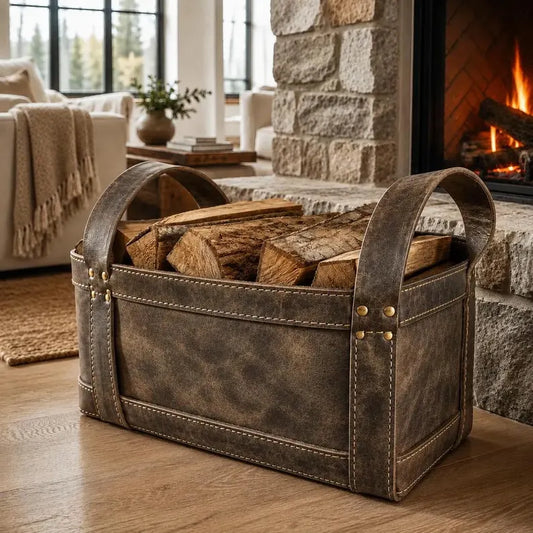 Rustic Faux Leather Firewood Basket with Dual Handles