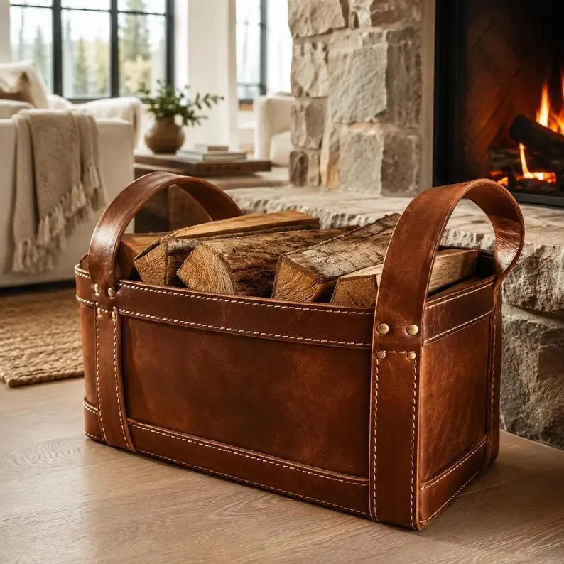 Rustic Faux Leather Firewood Basket with Dual Handles