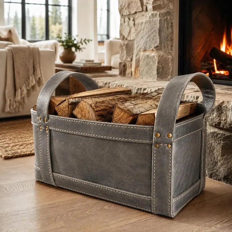 Rustic Faux Leather Firewood Basket with Dual Handles