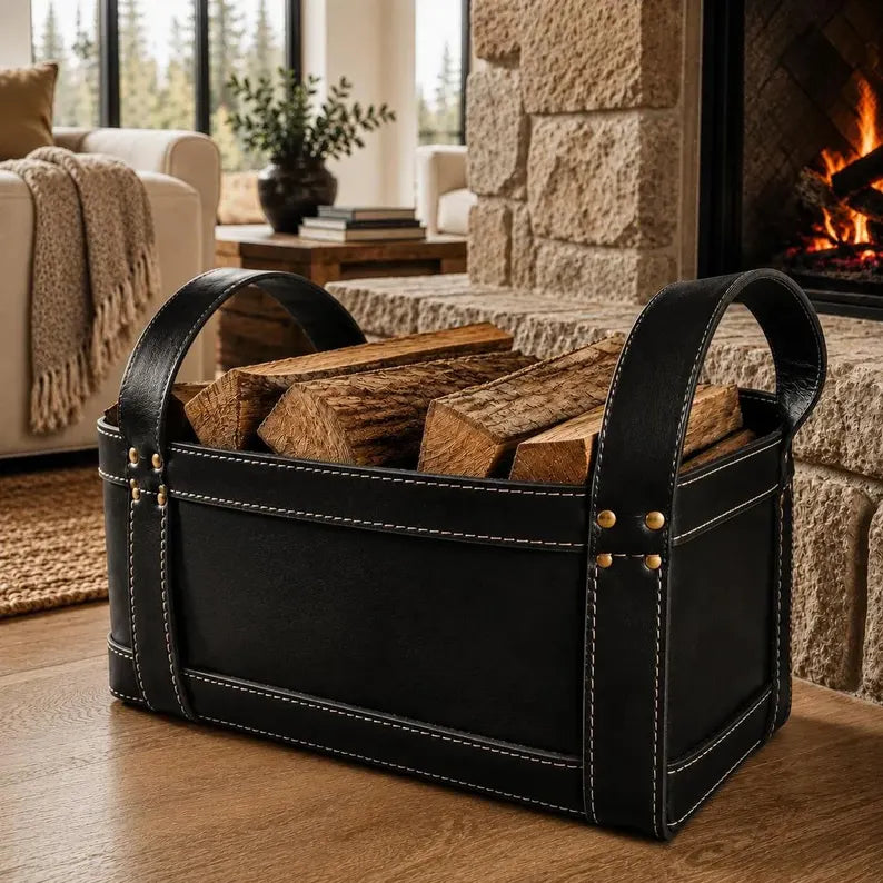 Rustic Faux Leather Firewood Basket with Dual Handles