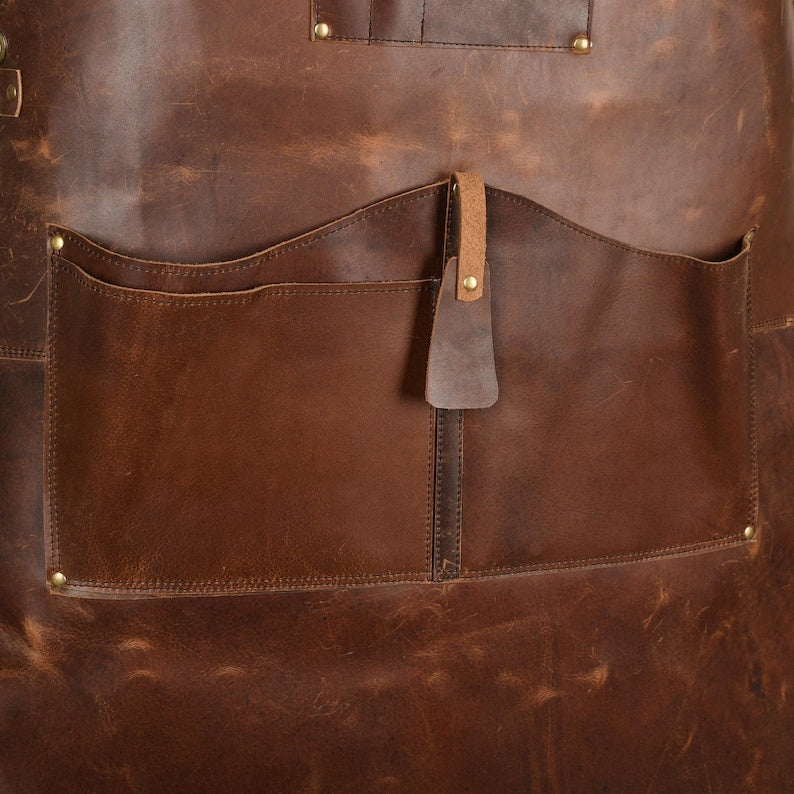 Heavy-Duty Full Grain Leather Work Apron – Adjustable Crossback Straps & Multi-Tool PocketsHandcrafted Real Leather Shop Apron for