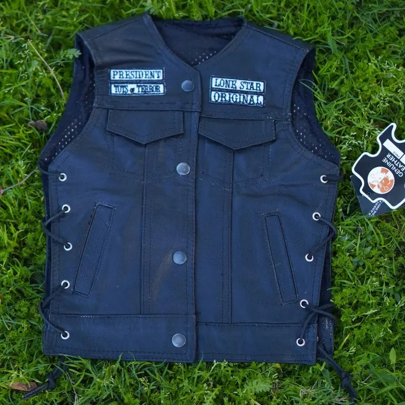 Genuine Leather Biker Vest for Kids – "Toddlers of Anarchy" California Club Cut Vest with Custom Patches