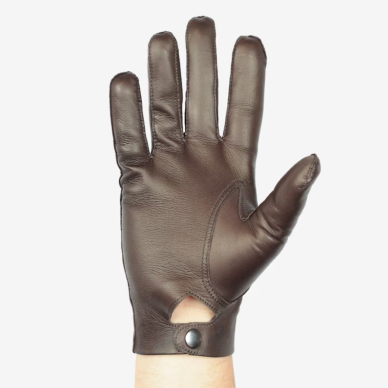 Men's Classic Brown Leather Driving Gloves with Snap Closure