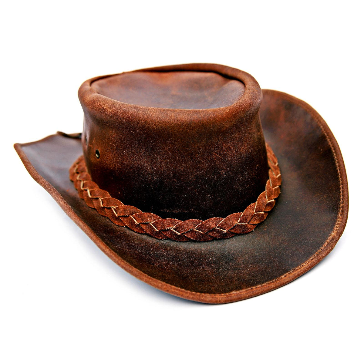 Distressed Brown Leather Outback Hat with Braided Band