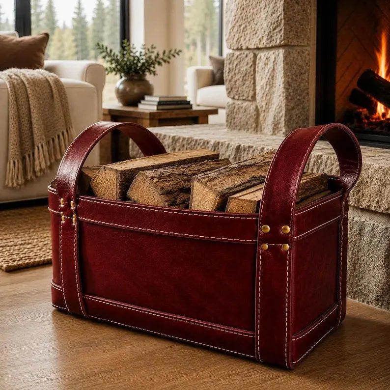 Rustic Faux Leather Firewood Basket with Dual Handles